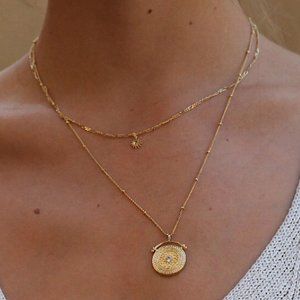 NEW 18K Gold Plated Vintage Diamond Coin Star Double Layer Necklace